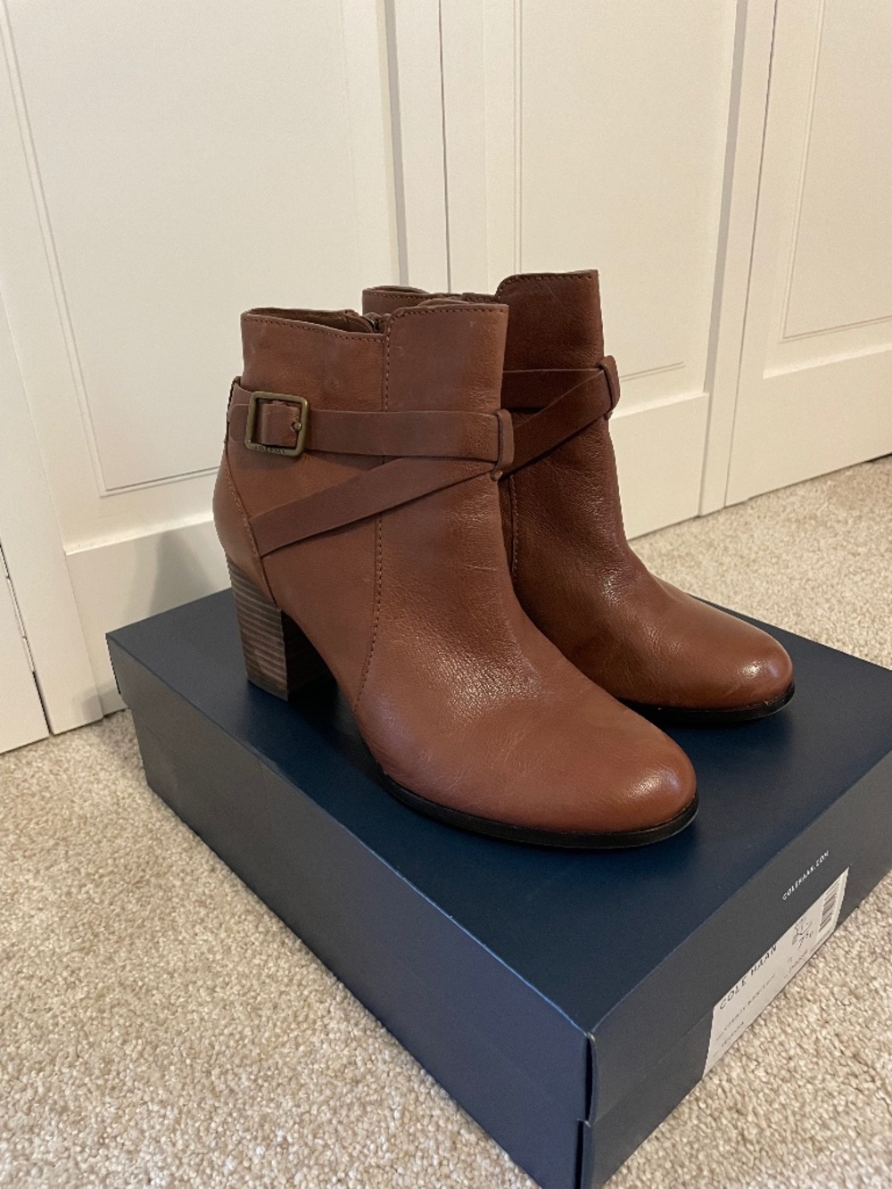 Cole Hahn Cassidy Buckle Boots, size 7-1/2, Sequoia (Brown) 3” heel, zip up.